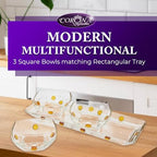 GAC Elegant Glass Square Bowls Set with Matching Rectangular Tray - 3-Piece Decorative Glass Centerpiece with Gold Dots, Square Serving Bowls for Condiments, Snacks, & Parties- Thoughtful present.