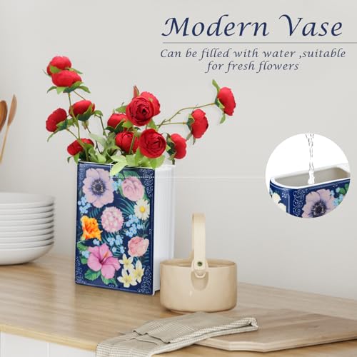 Uiifan Book Shaped Small Flower Vase Decorative Ceramic Vases Cute Home Decor for Bookshelf Dining Table Desk Office Home Decor Unique Vase for Book Lovers (Retro Flowers)
