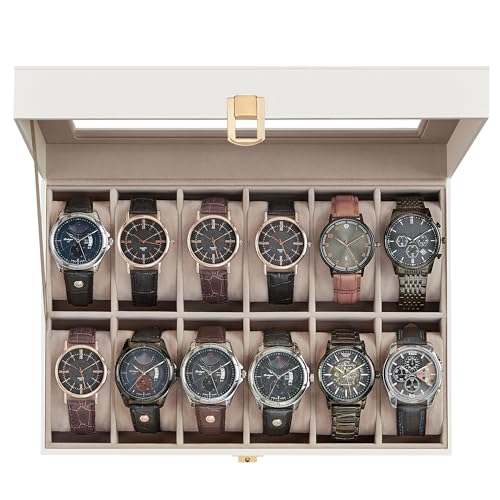 SONGMICS Watch Box, 12-Slot Watch Case Organizer with Large Glass Lid, Removable Pillows, Gift for Loved Ones, Cloud White Synthetic Leather, Cappuccino Beige Lining UJWB120W01 - color: Cloud White + Cappuccino Beige, size: 12 Slot