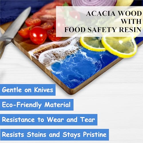 Handcrafted Acacia Wood Cutting Board Resin Blue Wave Pattern for Kitchen Meal Prep and Serving Versatile Cheese & Charcuterie Board for Meat Vegetable Fruit Gift 15x10 Inch