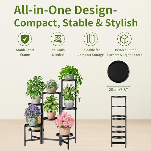 7 Tiered Metal Corner Plant Stand Indoor Outdoor, Tall Large Folding Rack with Rust Proof 7.9 Inch Wide Tray, Heavy Duty Flower Shelf for Multiple Plants for Patio - BlackDisk - color: BlackDisk, size: 7-Tiers