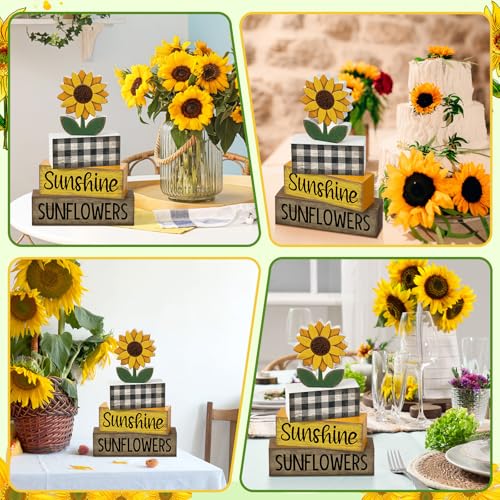 Yuntau 4 Pcs Sunflower Decorations Sunflower Wooden Sign Sunshine Table Centerpiece Summer Tiered Tray Decor Decorative Faux Book Stack Block for Coffee Table Fireplace Mantel Floating Shelf - style: Sunflower