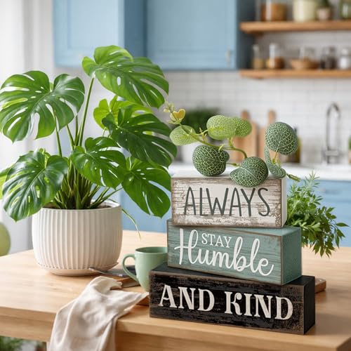 Lineshading 4 Pcs Inspirational Farmhouse Table Decor Always Stay Humble and Kind Stacked Wooden Block Signs with Inspirational Quote Eucalyptus Leaves for Home, Living Room, Shelf Housewarming Gift - style: Always Stay Humble and Kind