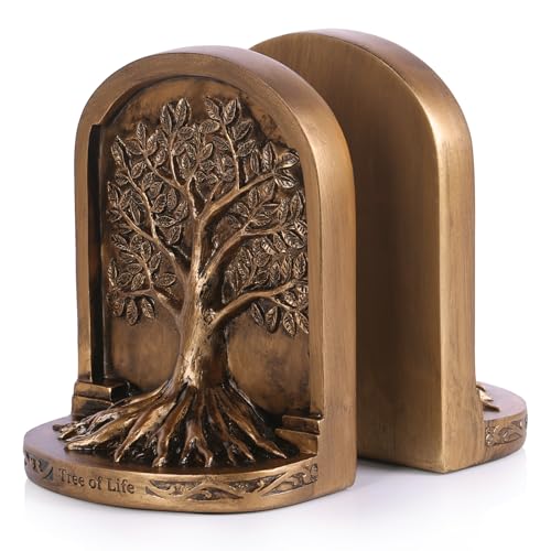 Tree of Life Bookends Set – 6.1" Resin Decorative Bookends, Antique Bronze Finish, Non-Skid Heavy Duty Support for Books, Bookshelf Decor, Office, Library, Housewarming Gift - color: Antique Bronze