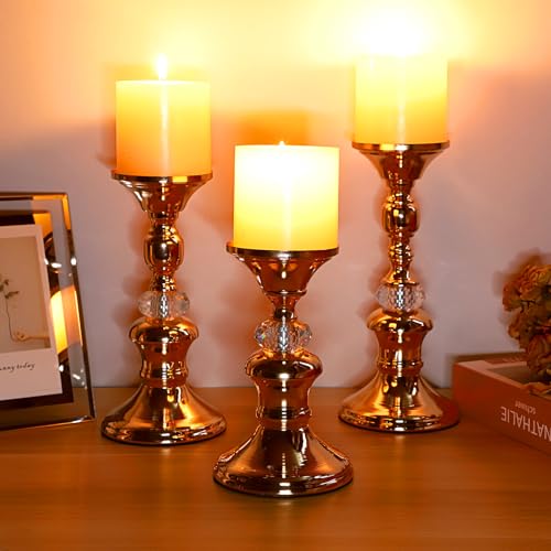 OwnMy Set of 3 Rose Gold Metal Pillar Candlestick Holders Brass Pillar Candle Holders for 3 Inch Candles, Elegant Metal Crystal Candle Stands for Dining Table, 6.7"+8.3"+9.3" Height Set
