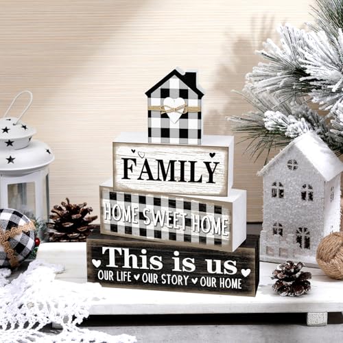 Cinnvoice 4 Pcs Farmhouse Tabletop Decor Rustic Family Blessed Home Table Centerpiece This Is Us Sign for Kitchen Shelf Desk Fireplace Mantel Tiered Tray Decor(Buffalo Plaid Family) - style: Buffalo Plaid Family