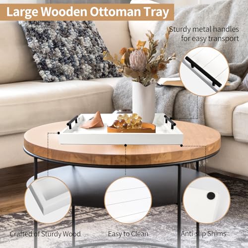 SXNOWS Coffee Table Tray - Large Ottoman Tray for Living Room - Wood Serving Tray with 2 Sets of Handles - Wooden Tray for Coffee Table, 4 Round Coasters Included, White - color: White