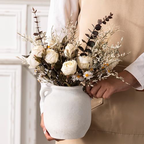 Ceramic Flower Vase Home Decor - 6 Inch Farmhouse Rustic White Table Vases with Handle Living Room Decoration Decorative Vintage Pottery for Kitchen Shelf Coffee Dining Desk Bookshelf Fireplace - color: 6" Rustic