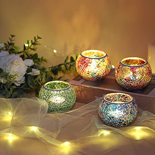 OwnMy 6PCS Mosaic Glass Tealight Holders: Round Votive Candle Holders & Stands for Table Centerpieces, Multicolor Glass Mosaic Tealight Holders, Small Potted Plant Bowl Candle Vases - color: Multicolor Set