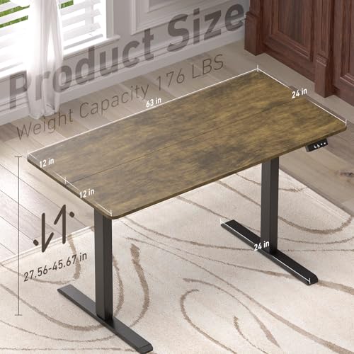 Ywin Electric Height Adjustable Standing Desk with Wheels, 63 x 24 inches Ergonomic Stand Up Desk for Home Office - color: Retro Brown