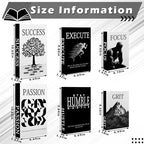 Menkxi 6 Motivational Decorative Books with Wood Bead Tassel Garland - Modern Faux Books for Office Desk, Bookshelf & Coffee Table Decor - Inspirational Aesthetic Black & White Fake Book Box Set - style: Focus