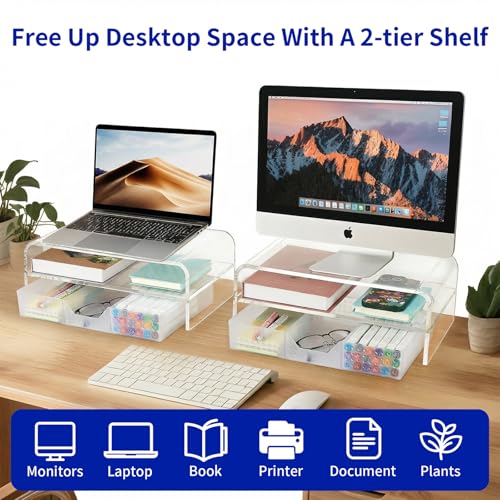 OPNICE Acrylic Clear Desk Organizers and Accessories, 2-Tier Computer Monitor Stand Riser with Drawer, Laptop Stand, Office Desk Accessories for Office Supplies, Transparent - color: Transparent 1-Pack