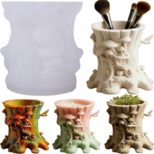 1 Pc Exquisite Mushroom Tree Stump Resin Silicone Mold Plant Flower Pot Epoxy Clay Silicone Mold for DIY Candles Pen Holders Storage Boxes Home Decoration Candle Holder Vases Plaster Trays - color: Tree Resin Mold