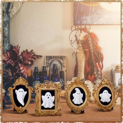 Wesiti 4 Pcs Halloween 3D Ceramic Ghosts with Vintage Resin Framed Mini Cute Sculpture Statue Wall Decoration Small Scary Ghost Figurine Halloween Sculptures for Wall Living Room Bedroom Home Decor - style: Halloween Ghost