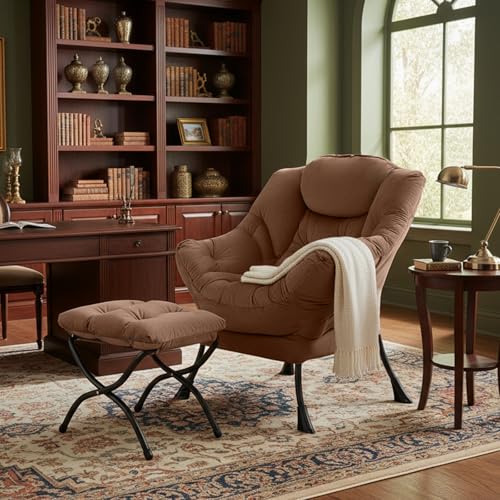 Tiita Lazy Chair with Ottoman, Brown Modern Large Accent Chair, Comfy Leisure Sofa Armchair with Ottoman, Reading Chair with Footrest for Bedroom, Living Room, Dorm Rooms, Brown - color: Peach Skin Brown