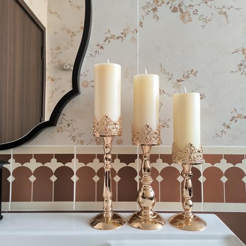 Candle Holders for Pillar Candles Set of 3 Gold Vintage Tall Candle Holders Decorative Large Table Centerpieces Candle Stand Decor - color: Gold