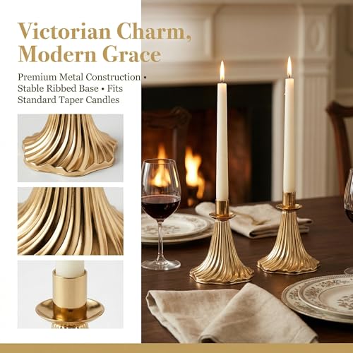 Taper Candle Holders Set of 4 - Victorian Style Gold Vintage Modern Decor, Table Mantel Centerpiece for Wedding Housewarming, Fits Standard Taper Candles
