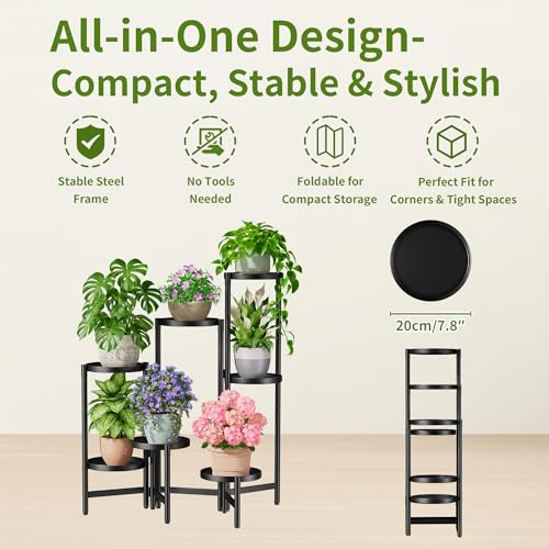 8 Tiered Plant Stand Indoor for Multiple Large Planter, Tall Heavy Duty Adjustable Folding Rack with Rustproof 7.9 Inch Wide Tray, Plant Shelf for Corner Living Room - BlackDisk - color: BlackDisk, size: 8-Tiers