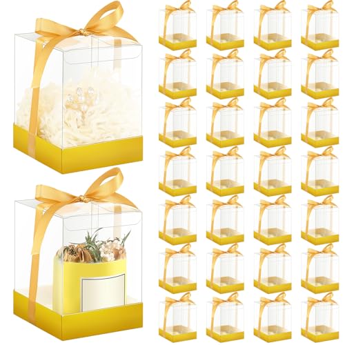 Cunno 36 Set 3.5 x 3.5 x 4.3 in Candle Gift Package Valentine's Transparent Box 4-18 oz Handmade Tealight Candle Holder Paper Bottom Ribbon for Wedding Baby Shower Party Mug(Gold) - color: Gold