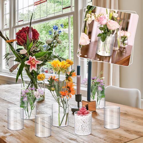 Vesici 20 Pcs Plastic Cylinder Vase Acrylic Cylinder Vase Bulk Small Clear Flower Container Hurricane Candle Holder Round Wide Container Centerpiece for Home Office Wedding Decorations (4 Inch) - size: 4 Inch
