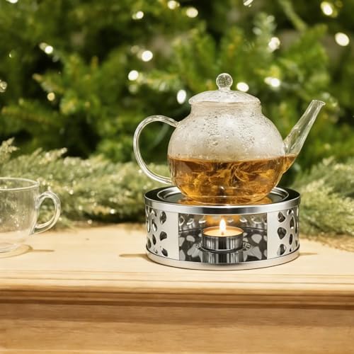 4 PCS Teapot Warmer, Stainless Steel Teapot Warmer, Metal Teapot Heater with Tealight Candle Holder, Brushed Coffee Tea Warmer Base for Glass or Ceramic Teapot, Silver