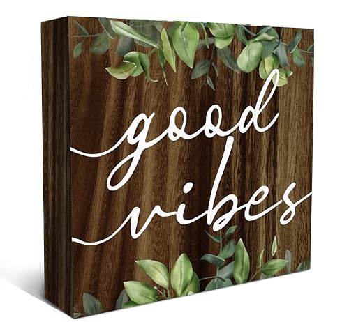 SRADMO Inspirational Green Botanical Eucalyptus Leaves Wood Box Sign Desk Decor, Rustic Eucalyptus Leaves Wooden Block Box Sign Decor for Home Office Shelf Table Decorative Accessories - color: brown, size: 5″×5″