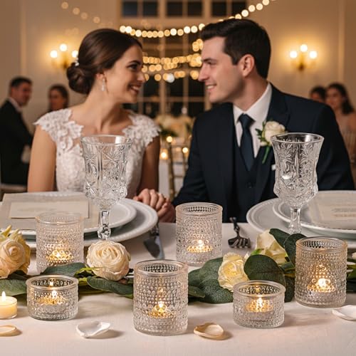 NITIME Glass Votive Candle Holders Set of 24, Assorted Heights Polka Dot Tea Light Holders for Wedding Centerpieces, Table Decor, Party & Home Decoration, Fits Standard Votives & Tea Lights - color: Clear