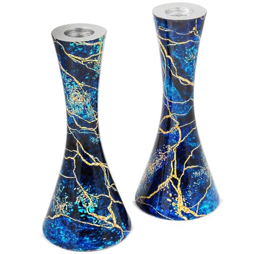 Zion Judaica Marbel Decal Candle Holder Set of 2 - Marbleized Metal Modern Candlesticks 6.75" Hourglass Shape - Fits 7/8" Thick Tapered/Shabbat Candles Bat Mitzvah Gift for Jewish Wedding (Blue Burst) - color: Blue Burst