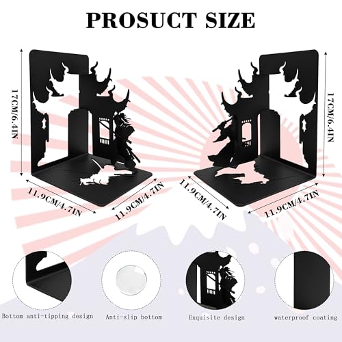 Samurai Decorative Bookends, Matte Black Iron Shelves Book Holders for Heavy Books, Unique Fantasy Book Ends for Home and Office, 7.9 x 1.2 x 5.9 Inches - color: Samurai Bookends