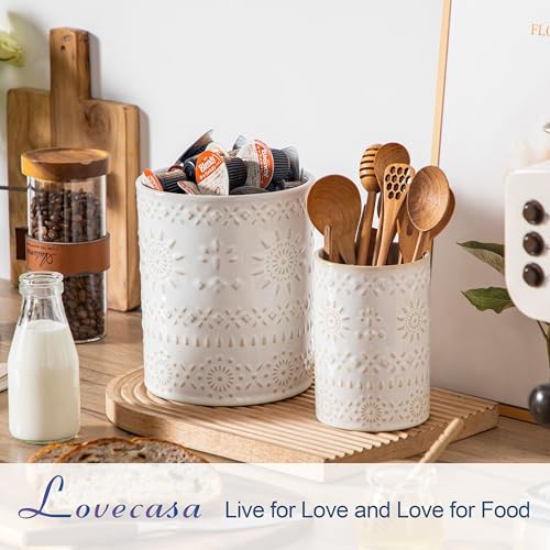 LOVECASA Utensil Holder, 7.2"+5.4" Ceramic Utensil Holder for Countertop, Large Cooking Utensil Crocks for Kitchen Counter, Farmhouse Utensil Vase for Housewarming, Kitchen Decor, Set of 2, Oasis - color: Oasis, size: 7.2"+5.4" (Set of 2)