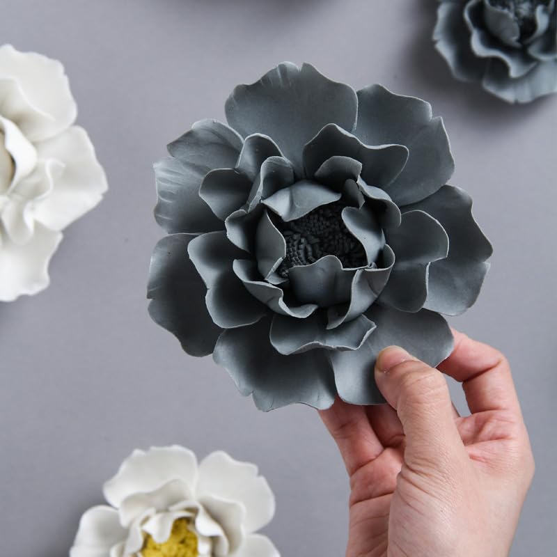 CEUYGT Handmade 3D Ceramic Wall Art Hanging Sculpture Grey Flower Wall Decor for Living Room Bedroom and Bathroom Grey Peony 3.54" (Medium) - color: Grey, size: 3.5"L x 3.5"W