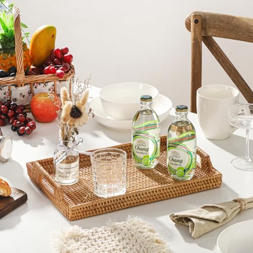 17'' Rattan Serving Tray Rectangle with Handles, Vintage Wicker Table Tray for Decor, Boho Hand Woven Seagrass Coffee Table Basket Tray for Ottoman, Breakfast, Bathroom, Outdoor - size: 17" x 11.4" x 2"
