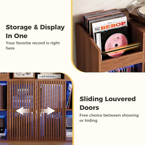 IRONCK Luxury Record Player Stand with Storage, Holds 1500+ Vinyl Records, Large Record Storage Cabinet with Sliding Doors & Charging Station & LED Light, Brown
