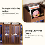 IRONCK Luxury Record Player Stand with Storage, Holds 1500+ Vinyl Records, Large Record Storage Cabinet with Sliding Doors & Charging Station & LED Light, Brown