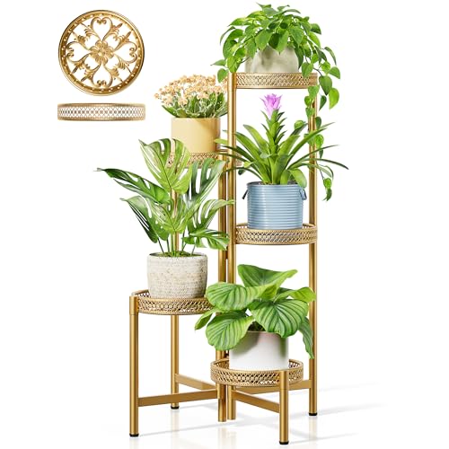 Gold Plant Stand Indoor Outdoor, Corner Metal Flower Pot Stands for Multiple Plants, 5 Tier Heavy Duty Plant Shelf for Patio Garden Balcony Living Room Bedroom - GoldWave - color: GoldWave, size: 5-Tiers