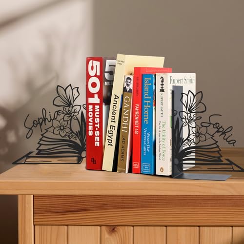 Personalized Flower Book Ends for Shelves 2 Pcs, Custom Name Metal Book Holders, Unique Bookends for Heavy Books, Non-Slip Book Stopper, Home Office Desk Bookshelf Decor, Customized Gifts - color: Color08 Flower&book
