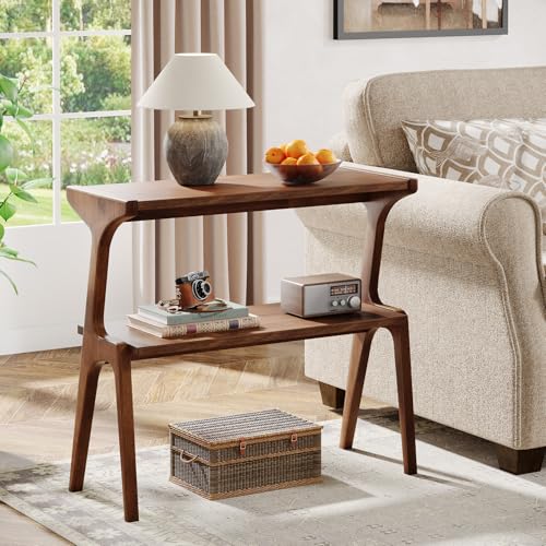 Tribesigns Solid Wood End Table, Rustic Side Table for Couch, 2-Tie Farmhouse Tall End Table, Narrow Bedside Table for Bedroom, Living Room, Easy Assembly, Rustic Brown - color: Rustic Brown