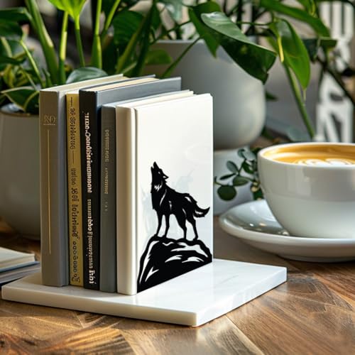 Peacoblue Metal Bookends for Shelves, Modern Decorative Heavy Duty Study Book Support Stoppers for Office, Desk, Shelf, Room 5.3"x4.3"x6.4" Cast Iron Simple Tall Bookends, 1 Pair (Howling Wolf) - style: Howling Wolf