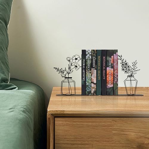 Cute Book Ends for Shelves - Decorative Flower & Vase Design, Heavy Duty Metal Bookends with Non-Slip Base - Novelty Gift for Book Lovers