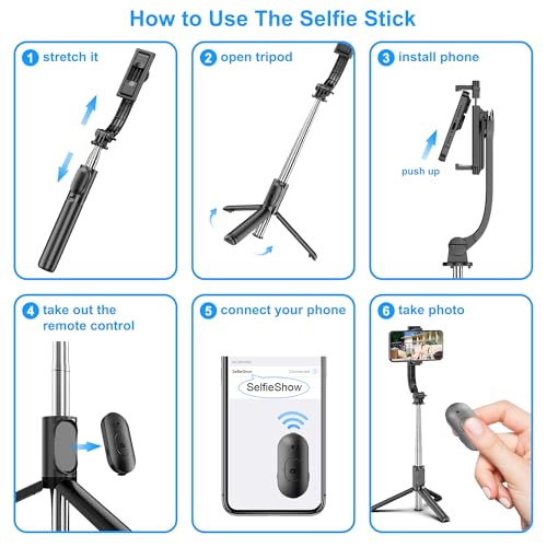 SelfieShow Selfie Stick, Extendable Selfie Stick Tripod with Wireless Remote and Tripod Stand, Portable, Lightweight, Compatible with iPhone 17 16 15 14 13 12 Pro Xs Max/Samsung Smartphone and More - style: Black