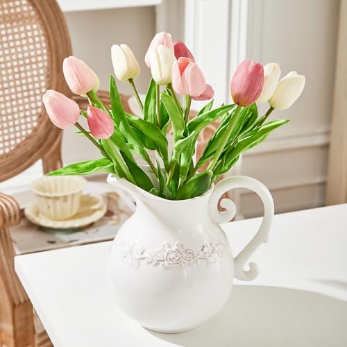 Ceramic Pitcher White Flower Vase, Farmhouse Ceramic Jug Vase for Home Décor, 7.3 inch Height. - color: Broad-bodied Pitcher