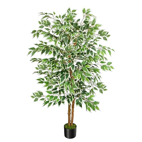 GTIDEA 5ft Ficus Tree Artificial, Tall Fake Tree with Natural Trunk Faux Trees Indoor Silk Ficus Leaves Artificial Trees for Home Decor Indoor Summer Office Living Room Outdoor (Included Dried Moss) - color: 5ft