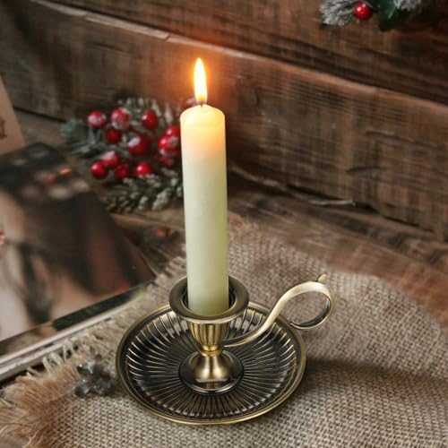 TOYANDONA Retro Taper Candle Holder with Handle Vintage Brass Candlestick Tabletop Candle Stand for Wedding Christmas Thanksgiving Party Decor 4.52X4.52X2.55In