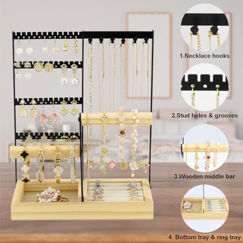 Jewelry Holder Organizer Jewelry Stand, 4-Tier Necklace Stand Earring Holder with Wooden Tray, Jewelry Rack for Bracelets Watches and Rings Display Stand, Gifts for Women & Girls-Black - color: Black