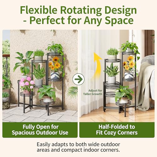 Plant Stand Indoor Outdoor, 7 Tier Large Plant Stand with 7.9-Inch Wide Drainage Tray, Tiered Corner Metal Iron Flower Display Holder Shelf, Folding Tall Rack for Patio Balcony Porch - BlackFlower - color: BlackFlower, size: 7-Tiers