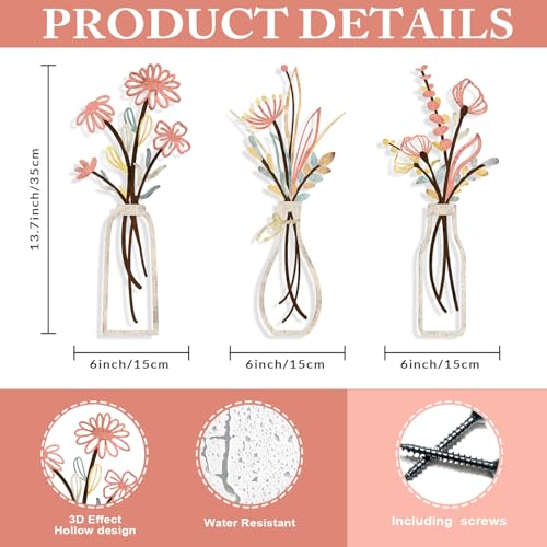 Pigort 3 Pieces Metal Flowers Wall Arts - Rustic Farmhouse Style Décor Metal Wall Art Black Minimalist Flower Natural Themed Wall Decors for Home Bedroom Dining Room Housewarming (Pink Beige) - color: Pink Beige