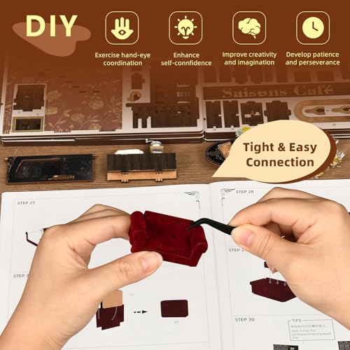 MiniCity Book Nook Kit, DIY Doll House Booknook, Miniature Kit for Bookshelf Doll Houses for Adults Teen Halloween, 3D Wooden Puzzle Bookends with Led Light and Dust Cover (Saisons Café) - style: Saisons Café