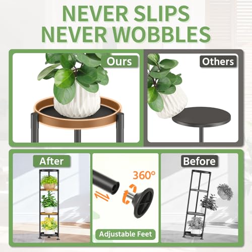 KMOTASUO 4 Tier Black Plant Stand Indoor for Large Tall Heavy Duty Planter, Multiple Sturdy Metal Flower Corner Rack for Narrow House Floor, Iron Vertical Level Round Orchi Holder Organizer, Modern - color: Black + Brown, size: 4 Tier