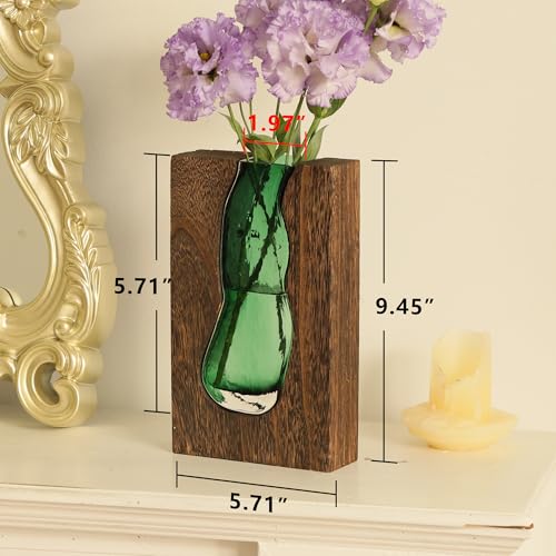 Wood and Glass Inlay Vases Farmhouse Wooden Glass Flower Vase Solid Wood Glass Vase Home Decor Vases for Centerpiece (9.45 Inches) - size: 9.45 Inches