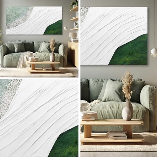 Hue7Art Modern Abstract Landscape Canvas Wall Art in White and Soft Green Tones, Flowing Line Texture Artwork Inspired by Nature for Living Room Bedroom Wall Decor 24x48 Inch - color: White and green, size: 48"L x 24"W